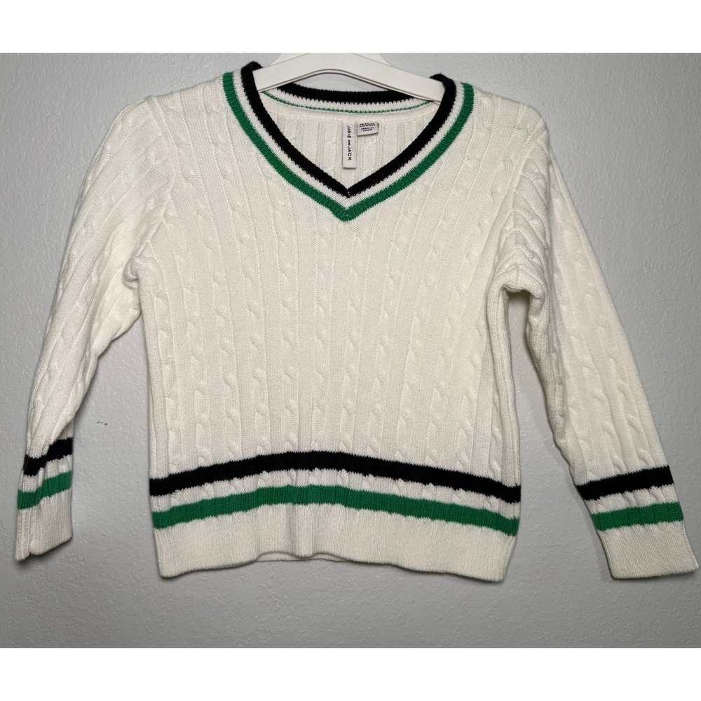 Jane & Jack Kids Cable Knit V Neck Sweater White Green Navy Stripes Size 18-24M - Picture 2 of 5
